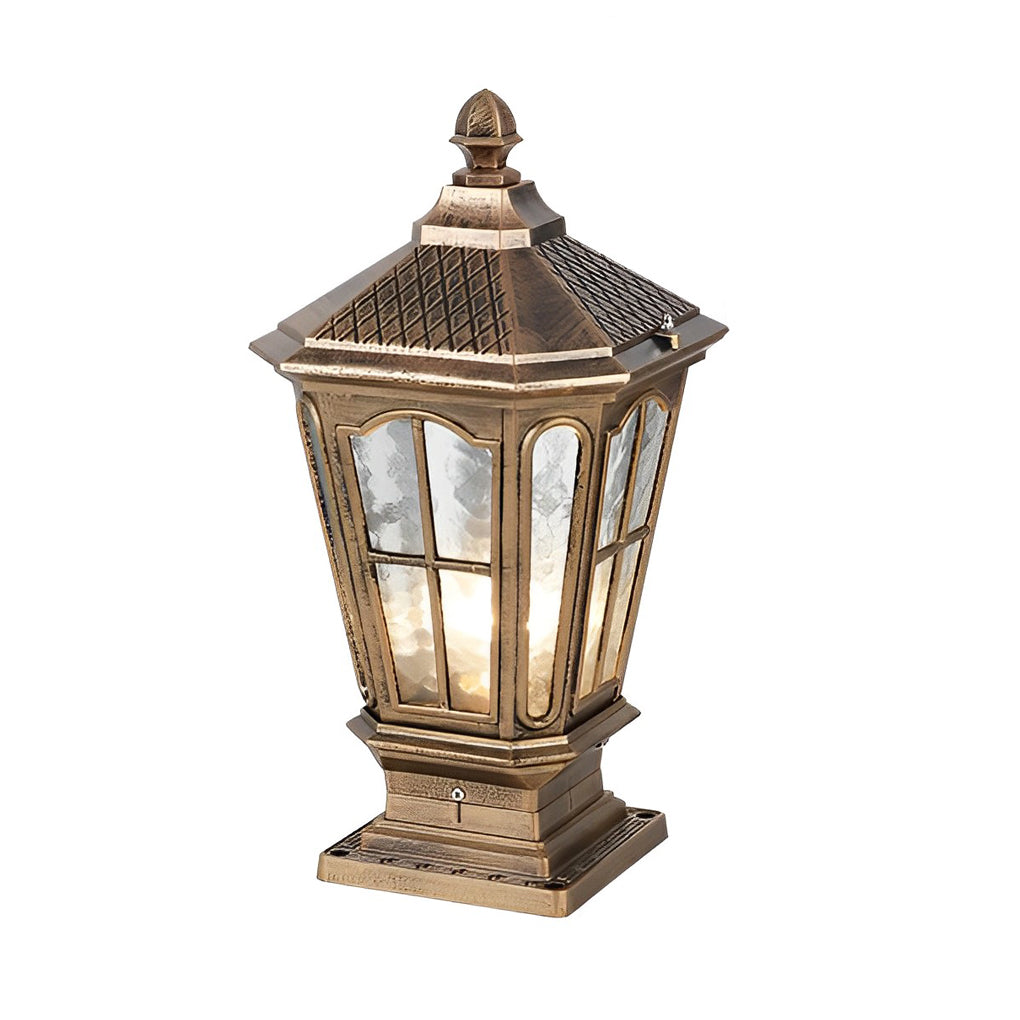 Decorative bronze stone pillar light fixture with lantern design isolated on clean white background.