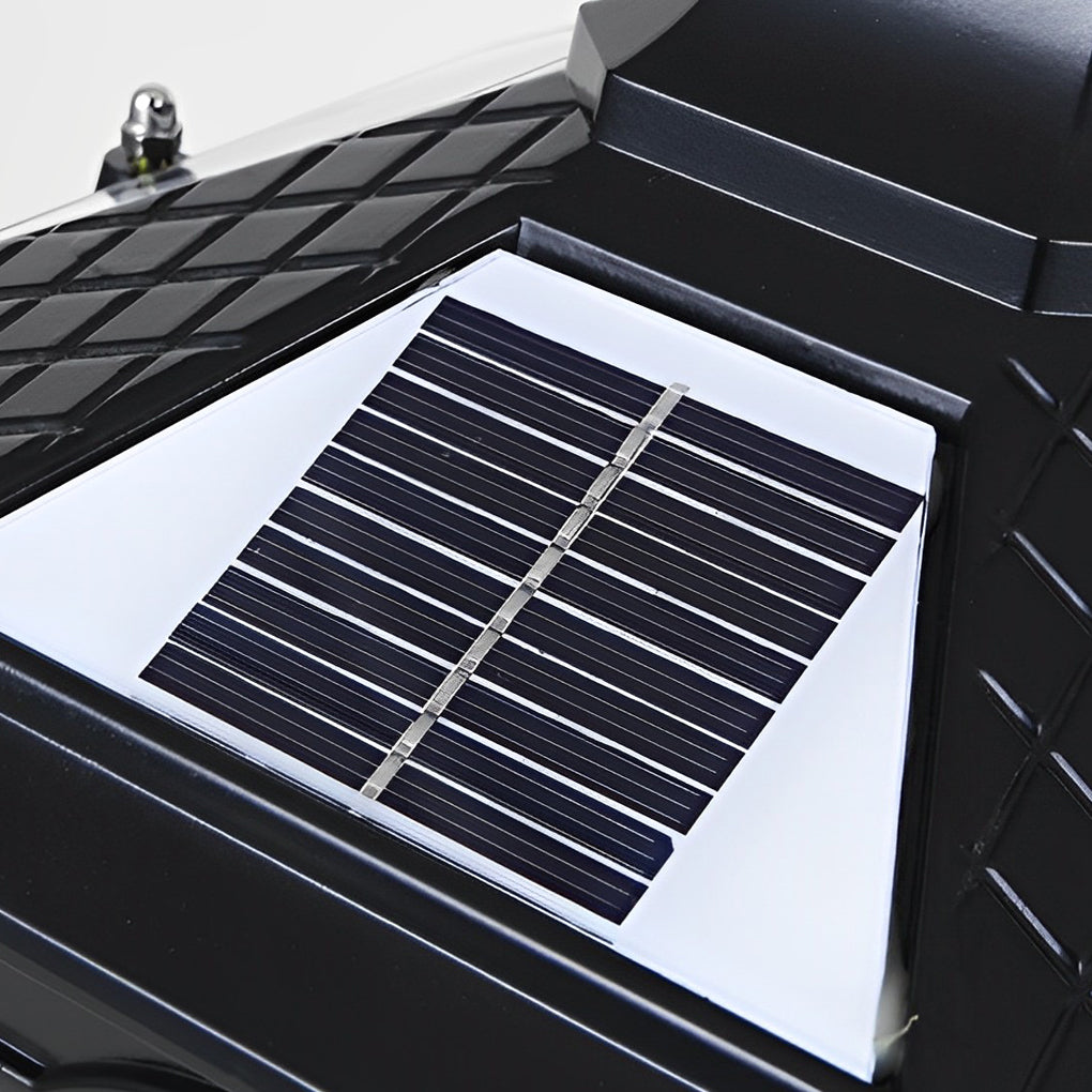 Top view of stone pillar light fixture with integrated solar panel for outdoor energy-efficient lighting.