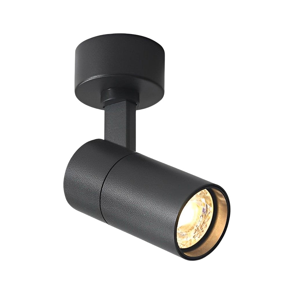 Black surface mounted spot light product image with cylindrical design isolated on white background.