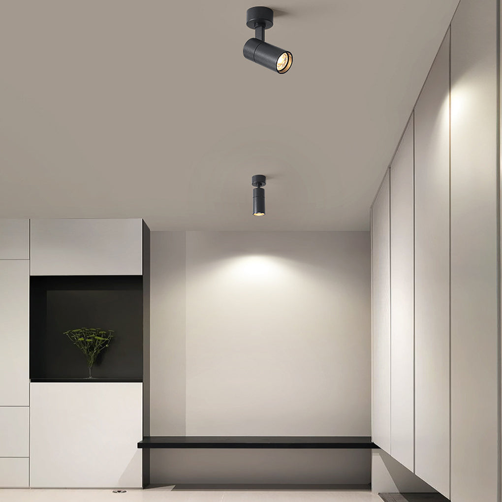 Black and white surface mounted spot light arrangement in minimalist residential corridor.