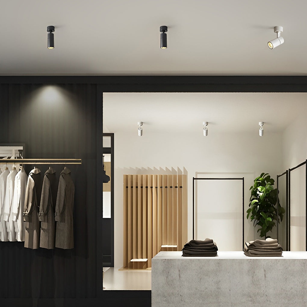 Surface mounted spot light illuminating retail display area with focused ceiling lighting design.