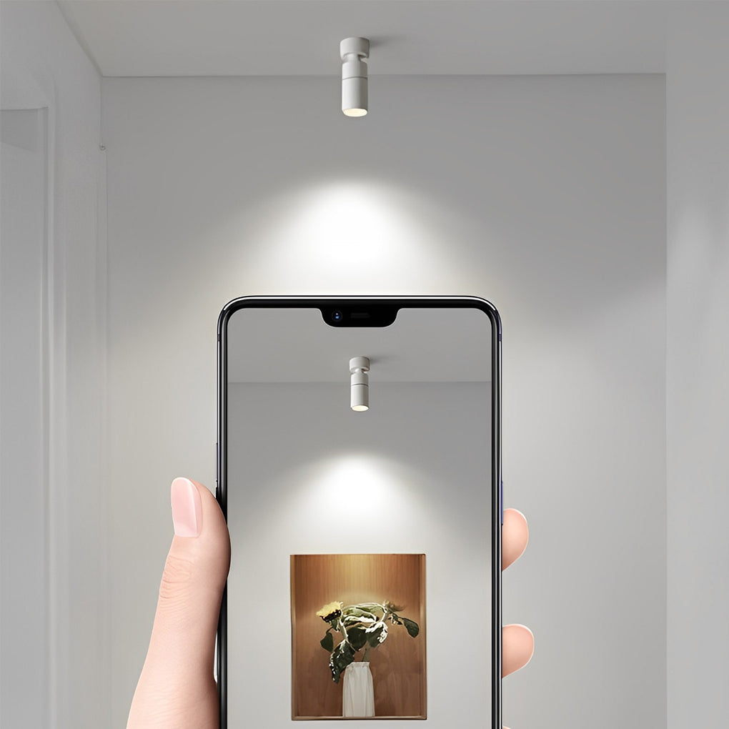 Smart-controlled surface mounted spot light shown through mobile phone lighting adjustment scene.