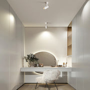 Surface mounted spot light illuminating vanity area with clean white ceiling and contemporary design.