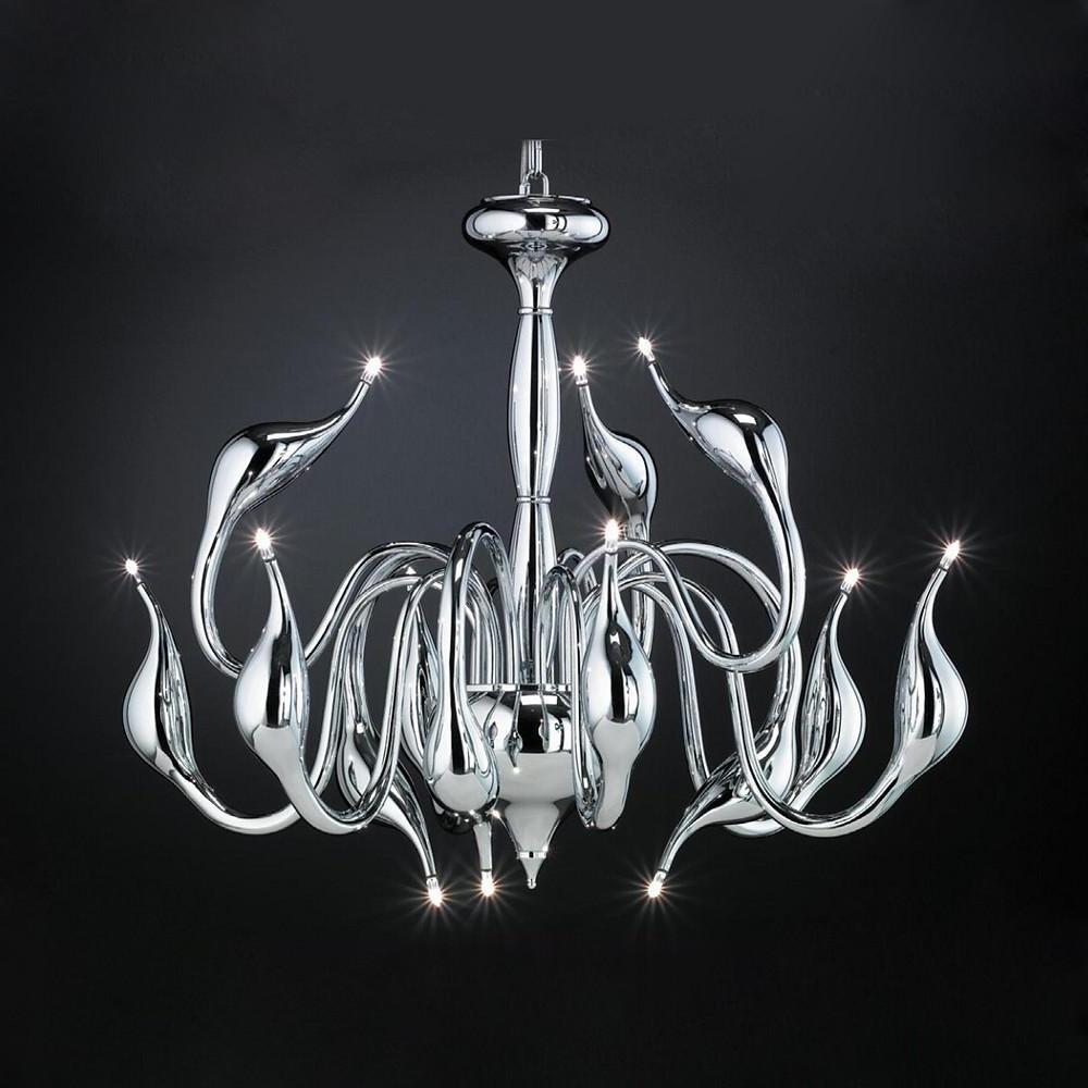 Swan chandelier displayed on black background with sculptural lighting design.
