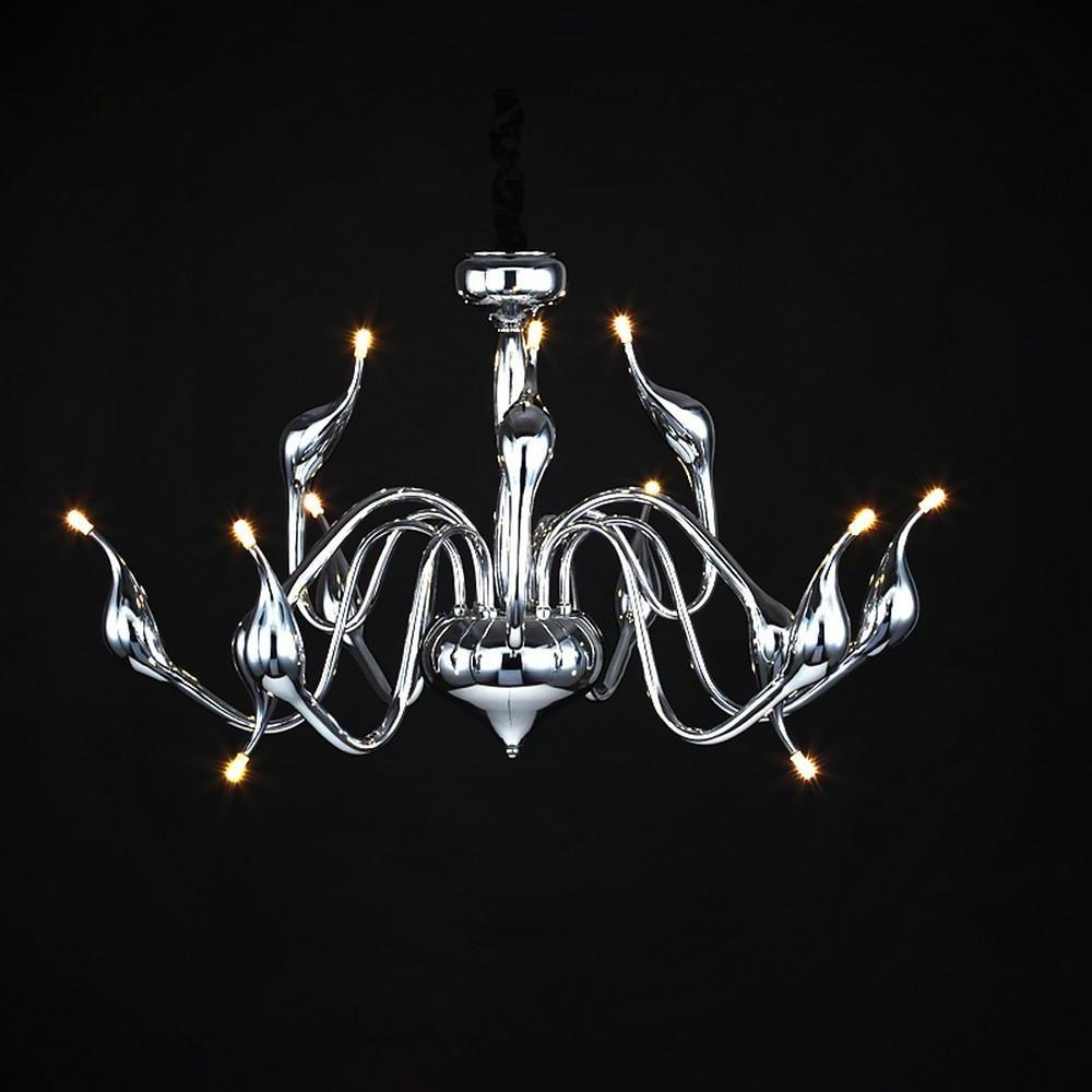Illuminated swan chandelier showing elegant curved arms.