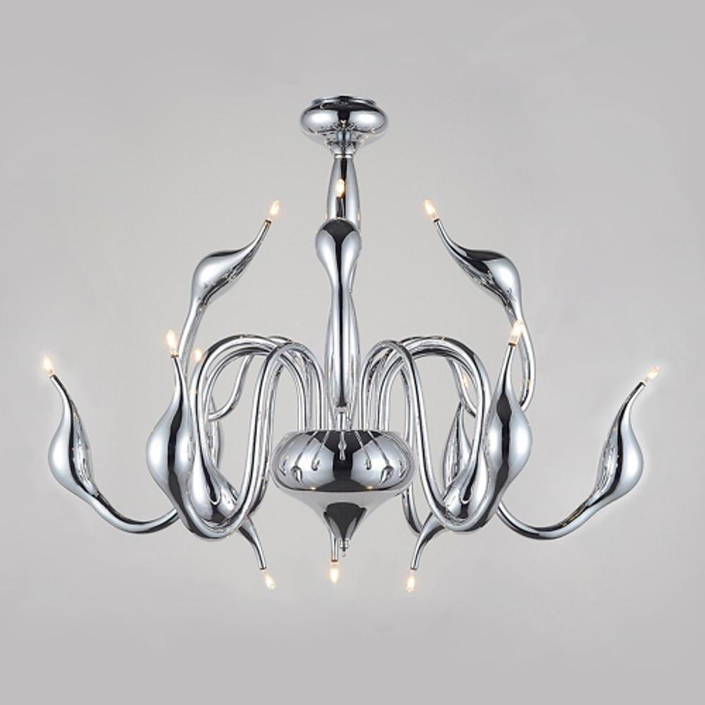 Swan chandelier isolated on white background with lights on.