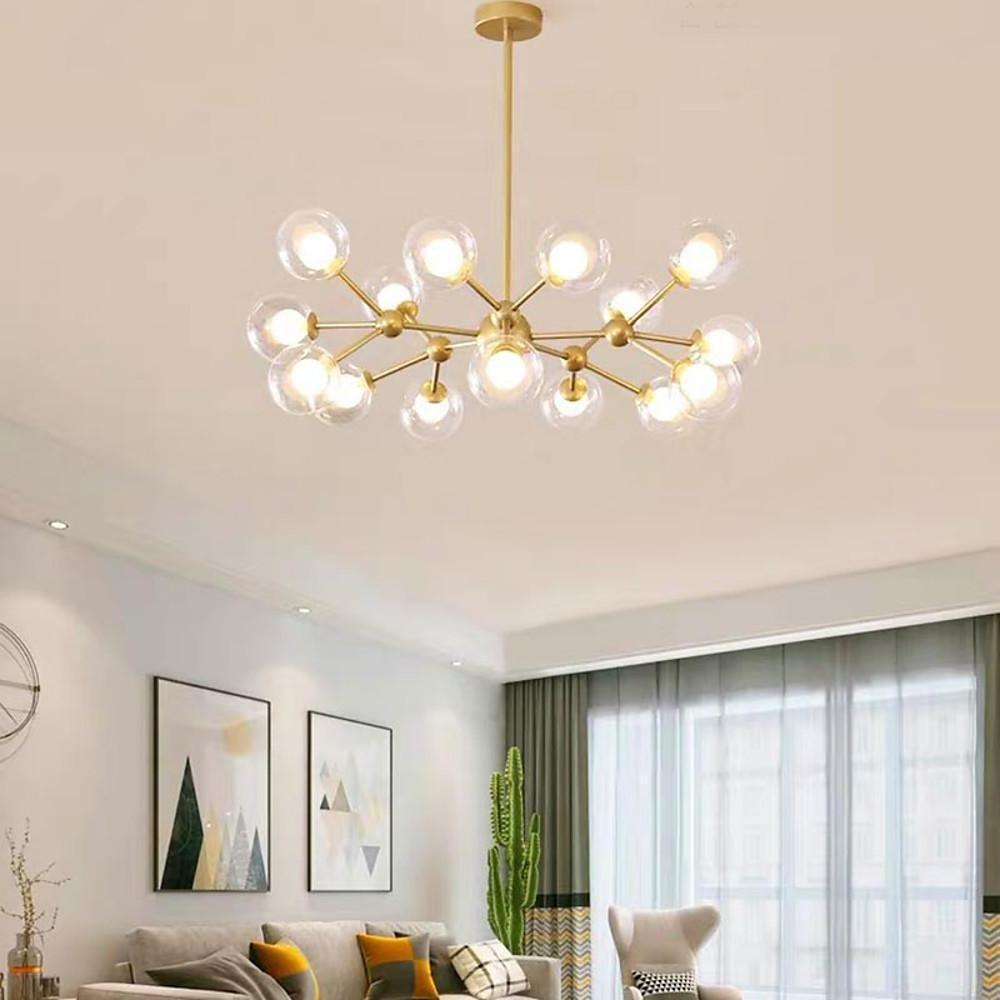 Elegant bedroom interior styled with a symmetrical glass sputnik light mounted on a white ceiling.