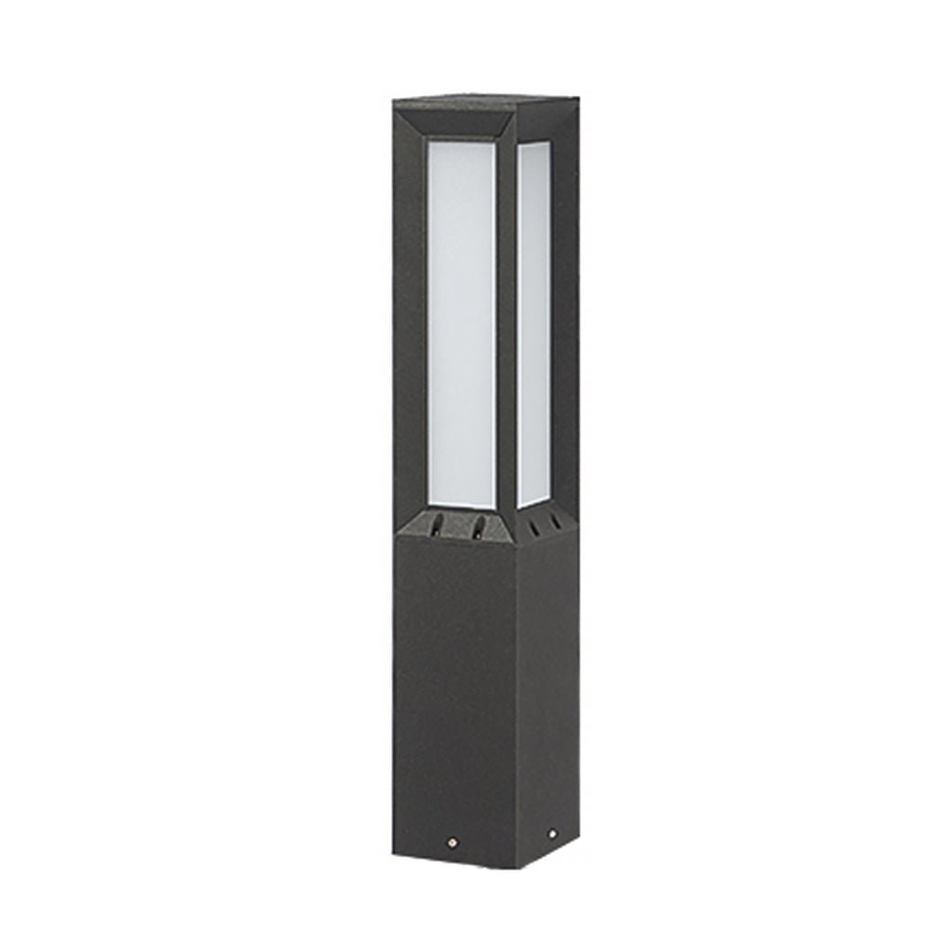 Tall black outdoor bollard lights with frosted glass side panels isolated on white backgrounds.