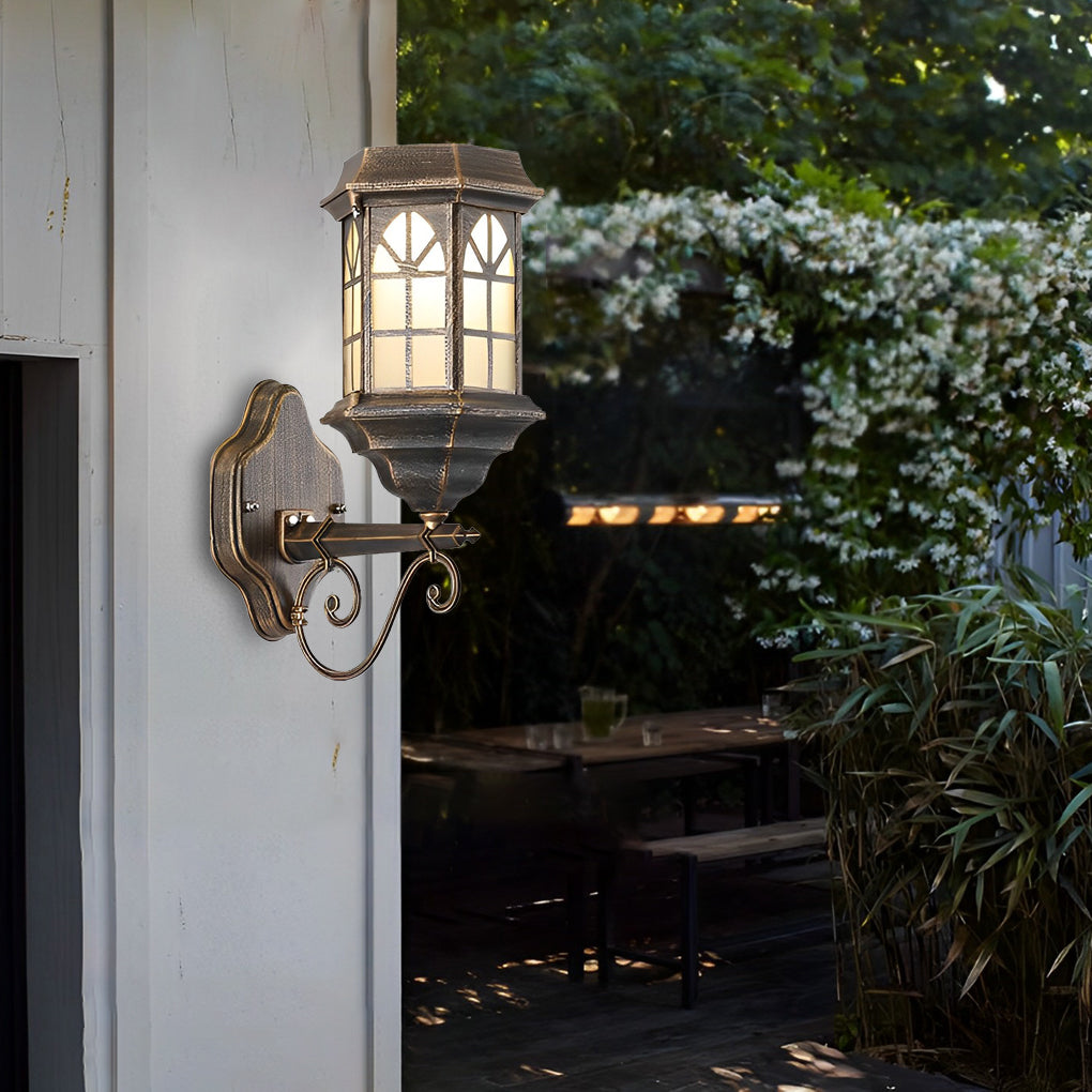 Timeless classic porch light with bronze frame and frosted glass panels, perfect for enhancing outdoor aesthetics.