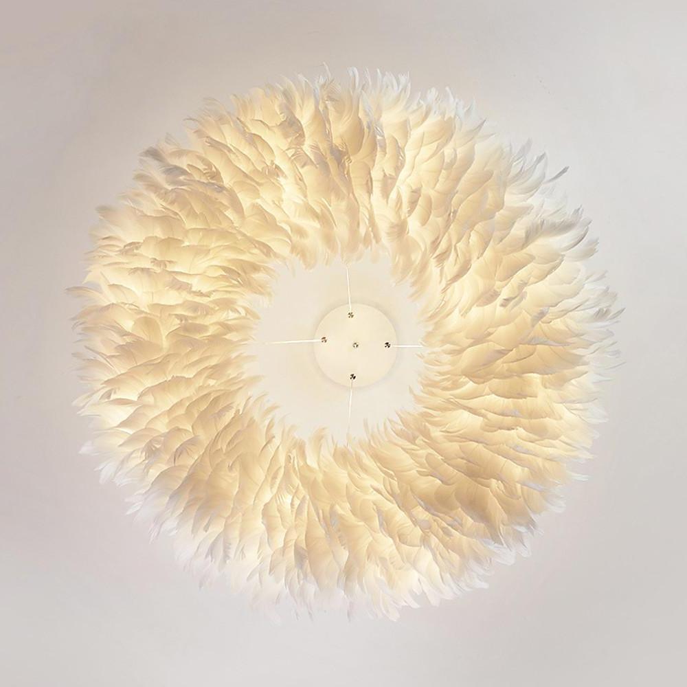 Top view of a circular fluffy hanging light showing dense feather arrangement and soft glow.