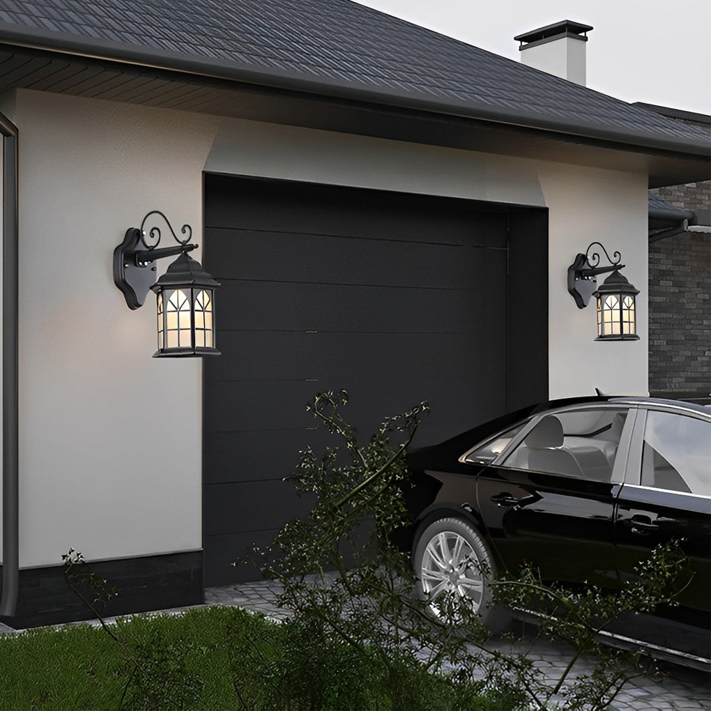 Traditional classic porch light with intricate bronze detailing and frosted glass for a cozy outdoor atmosphere.