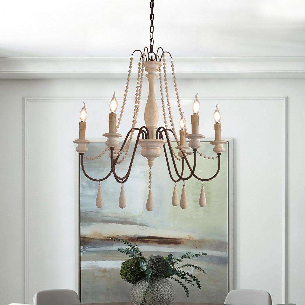 Rustic Farmhouse Wood Bead Chandelier with Teardrops Candle - Style Lights