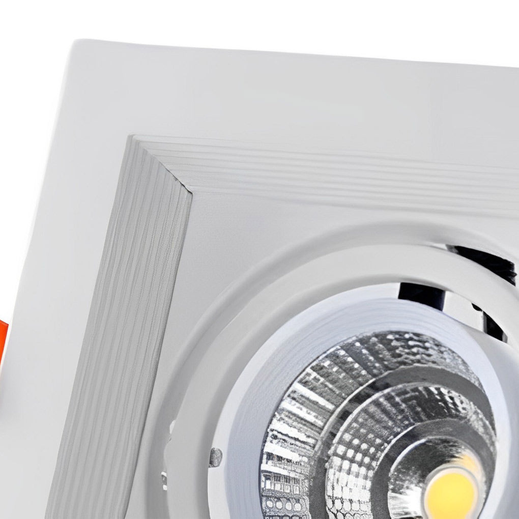 Detailed view of single lamp head inside twin recessed ceiling light housing.