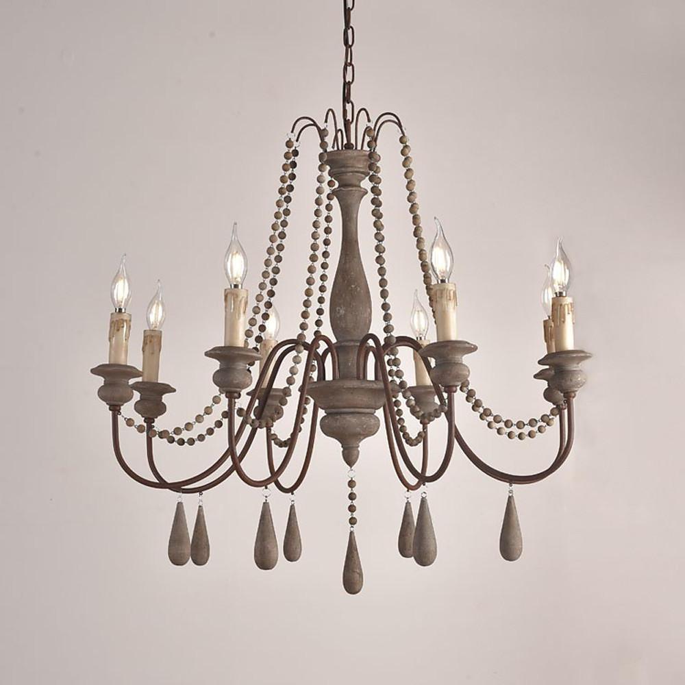 Rustic Farmhouse Wood Bead Chandelier with Teardrops Candle - Style Lights