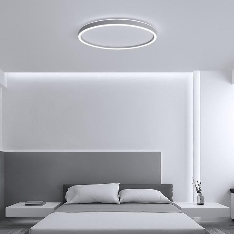 Ultra thin LED ceiling light with cool white lighting in a modern bedroom.