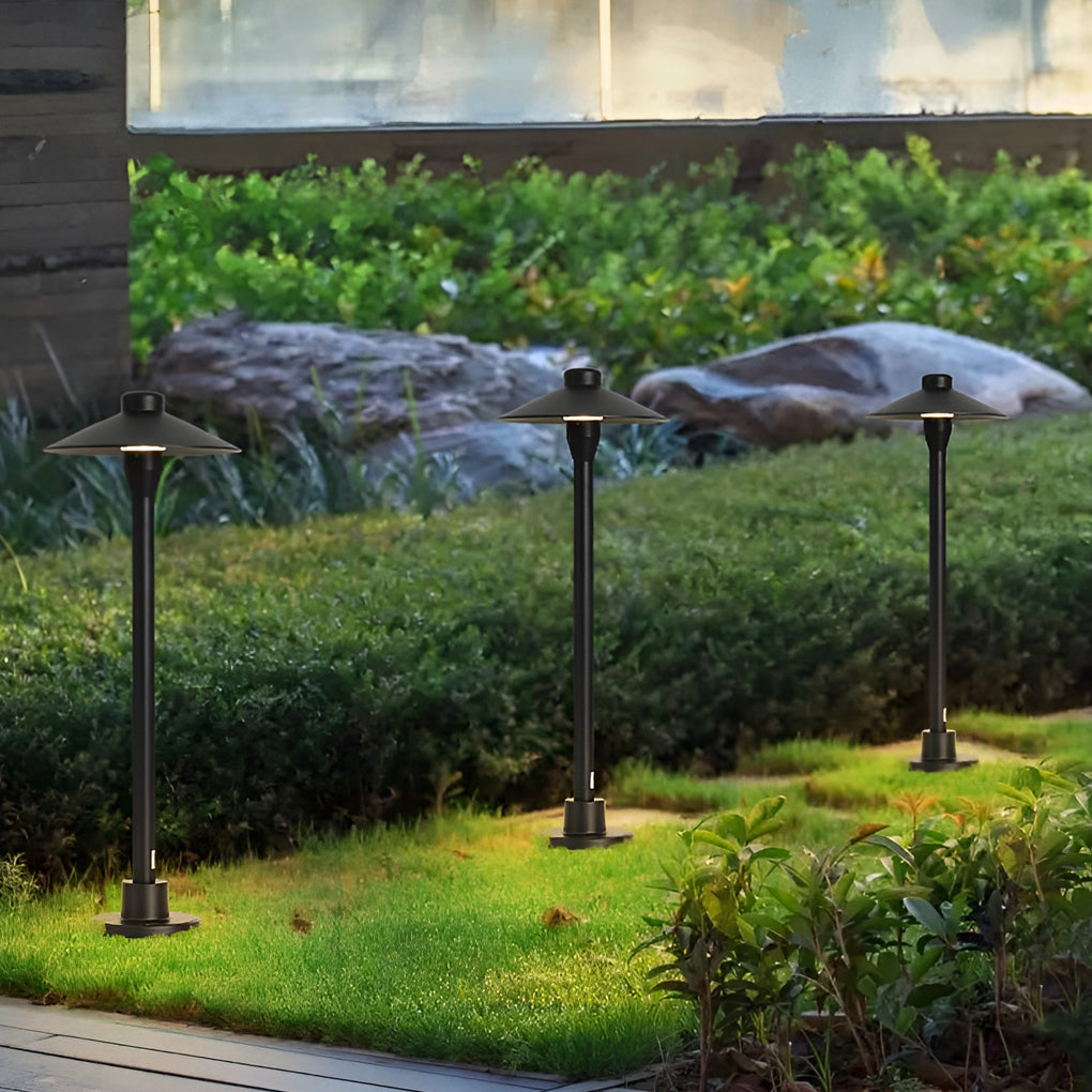 Umbrella path lamp with close-up of its sleek design and light output.