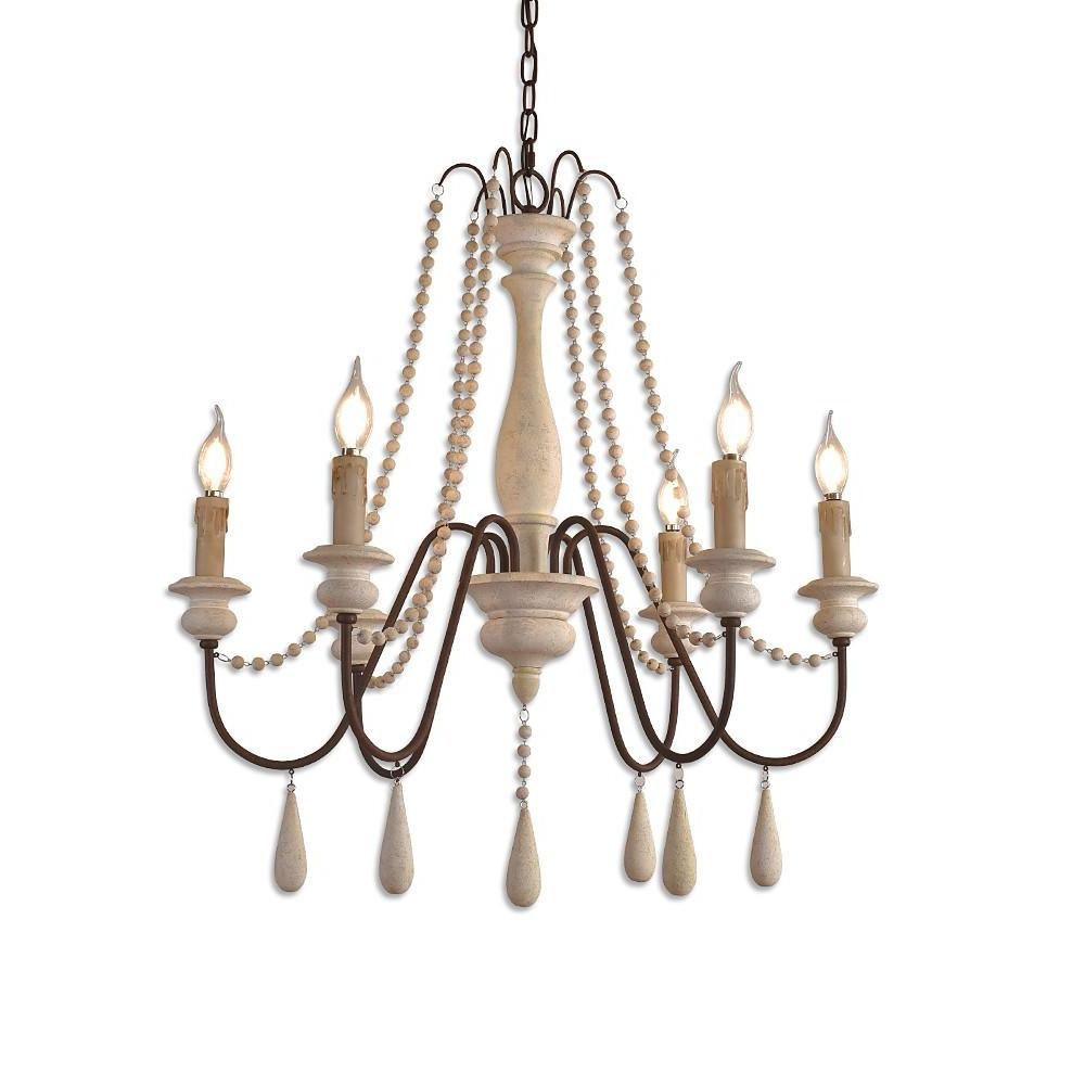 Rustic Farmhouse Wood Bead Chandelier with Teardrops Candle - Style Lights