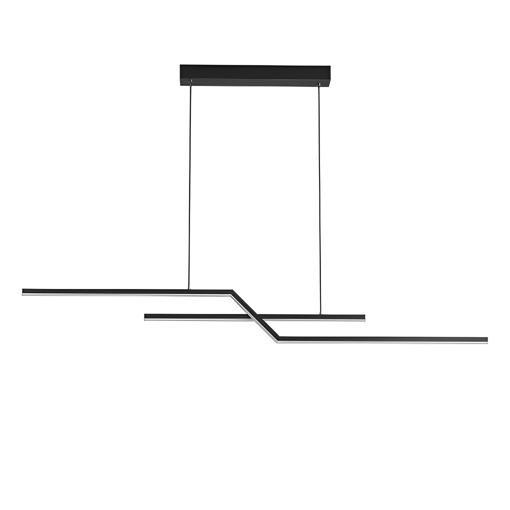 Unique pendant lighting isolated on a white background, highlighting the asymmetrical linear form and modern suspension.