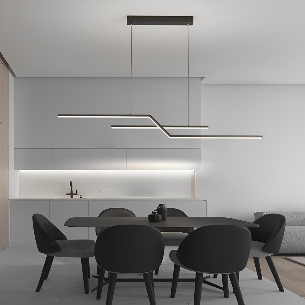 Unique pendant lighting in a contemporary dining space, featuring a slim linear fixture with soft diffused illumination.
