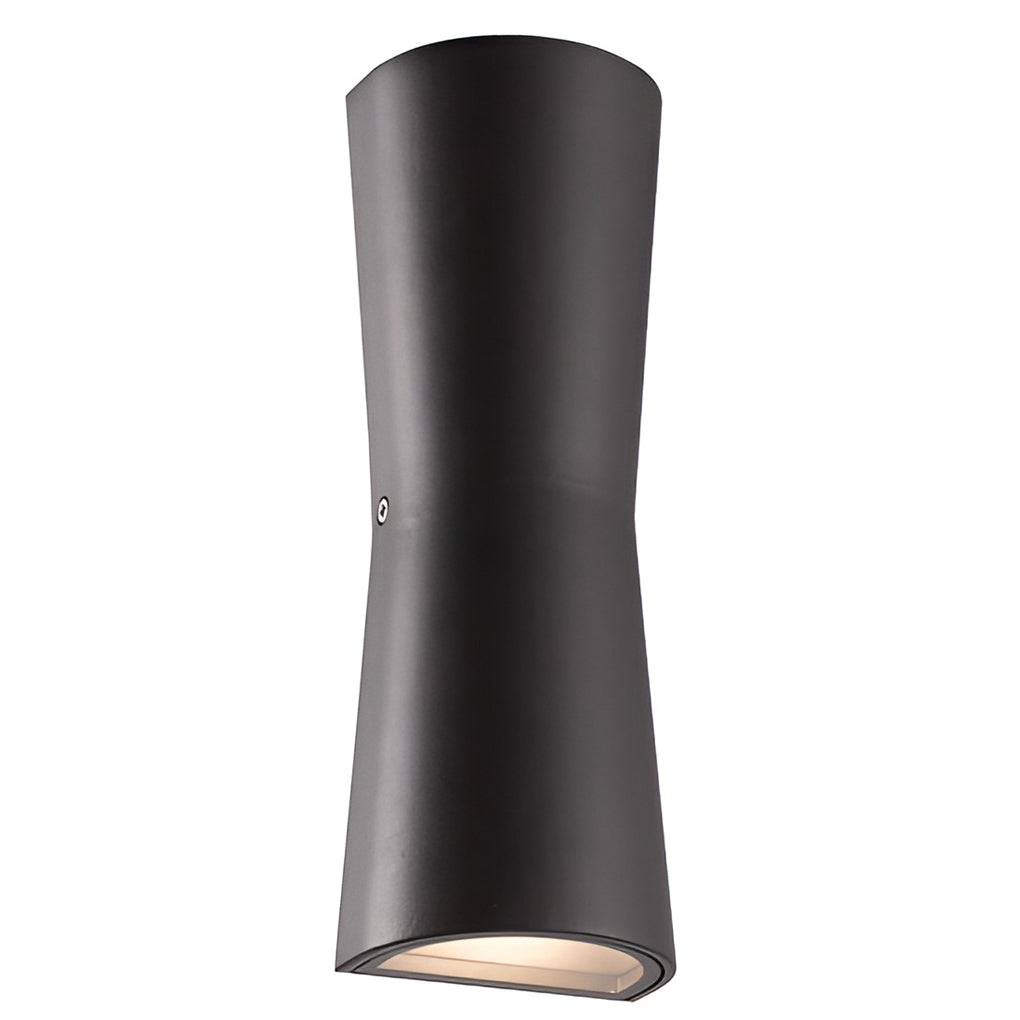 Close-up of black up and down exterior wall light housing with smooth matte finish.