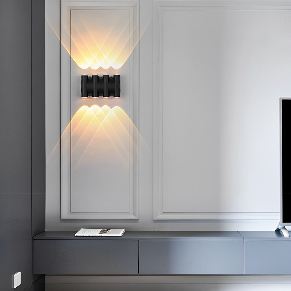 Up and down light wall sconce with close-up of its sleek design and light output.