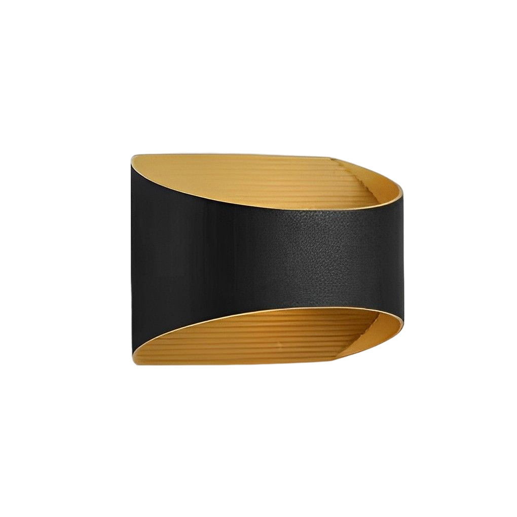 Up and down wall sconce lighting with a black and gold finish, mounted in a hallway.