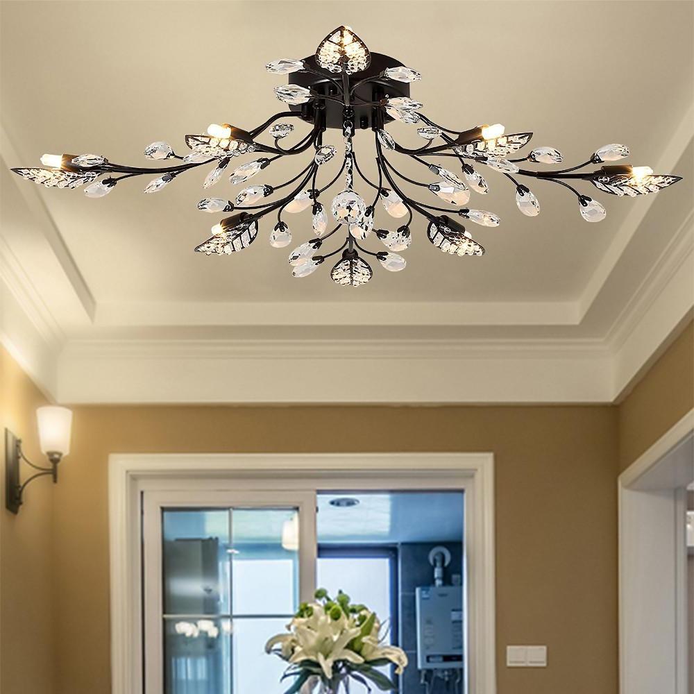 Vintage Crystal Branches Leaf Semi - Flush Mount Chandelier | 8 - Light LED, 31.19'' Wide, Antique Brass