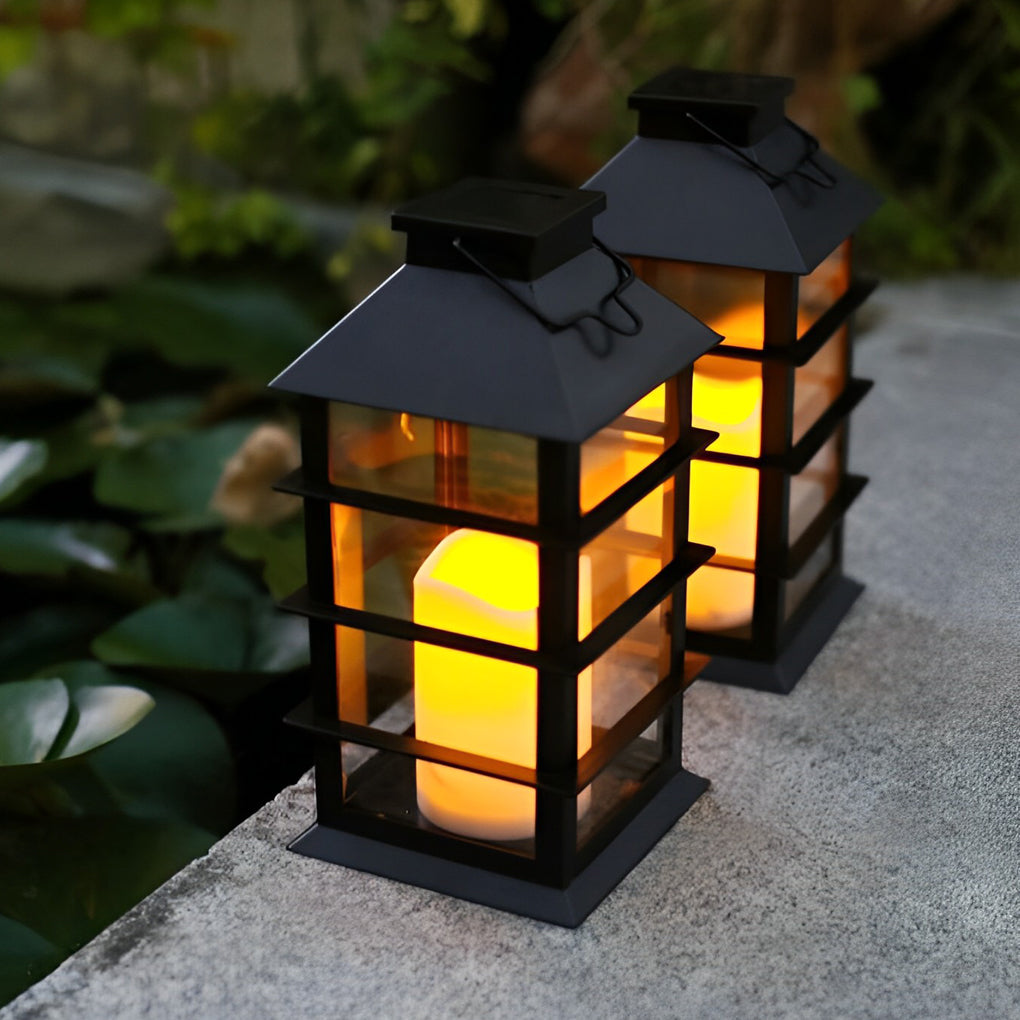 Candlestick lantern with vintage design casting soft light on garden steps.