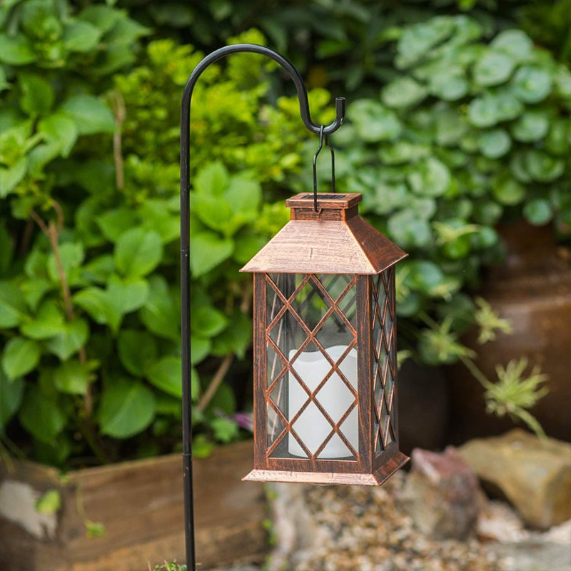 Vintage garden lanterns with a close-up of the intricate diamond pattern design.