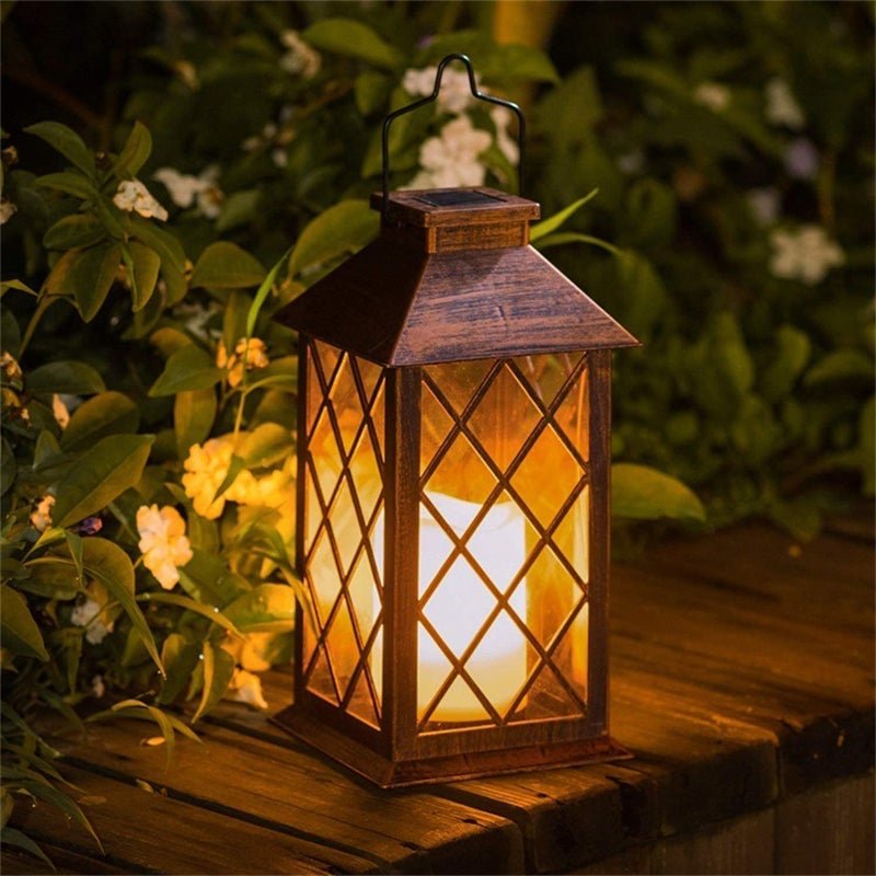 Vintage garden lanterns with a close-up of the solar panel on the top.