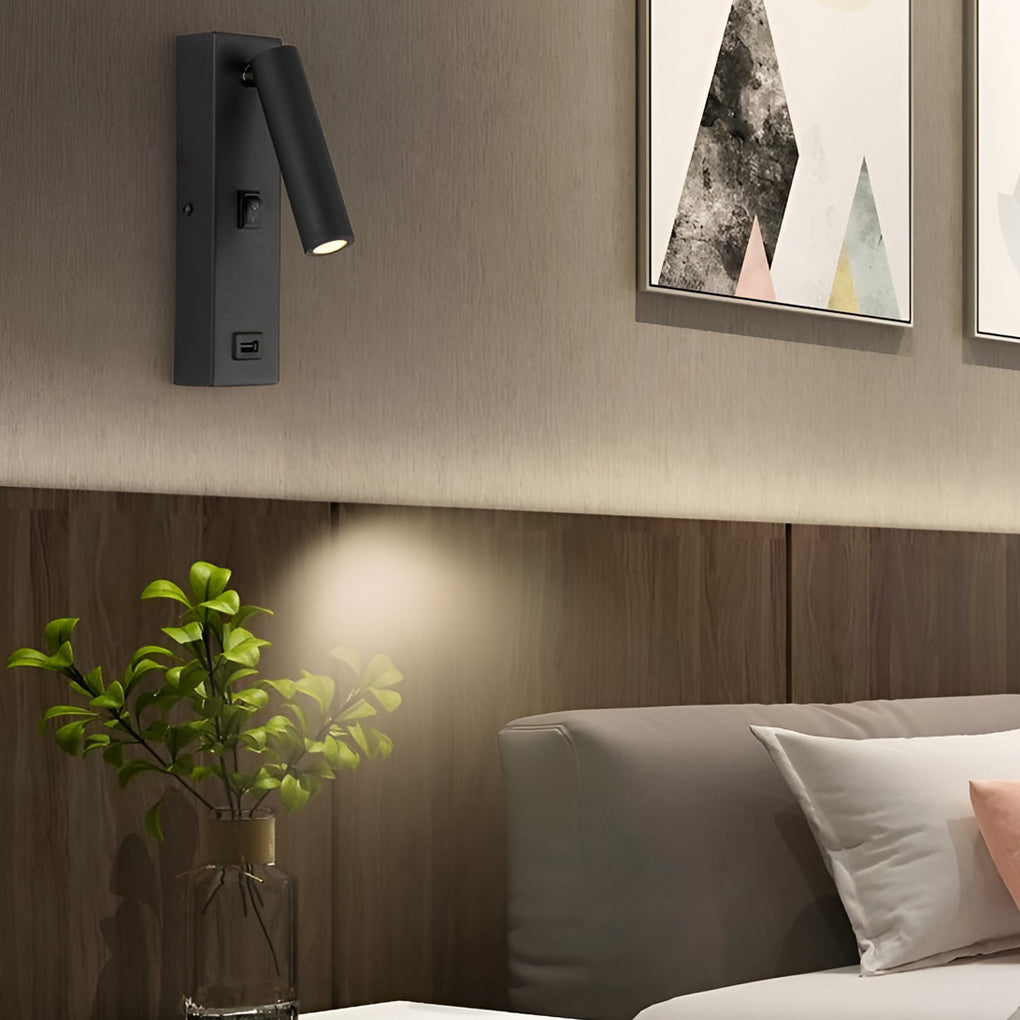 Wall lamp with USB charger illuminating a cozy reading nook with ambient light.