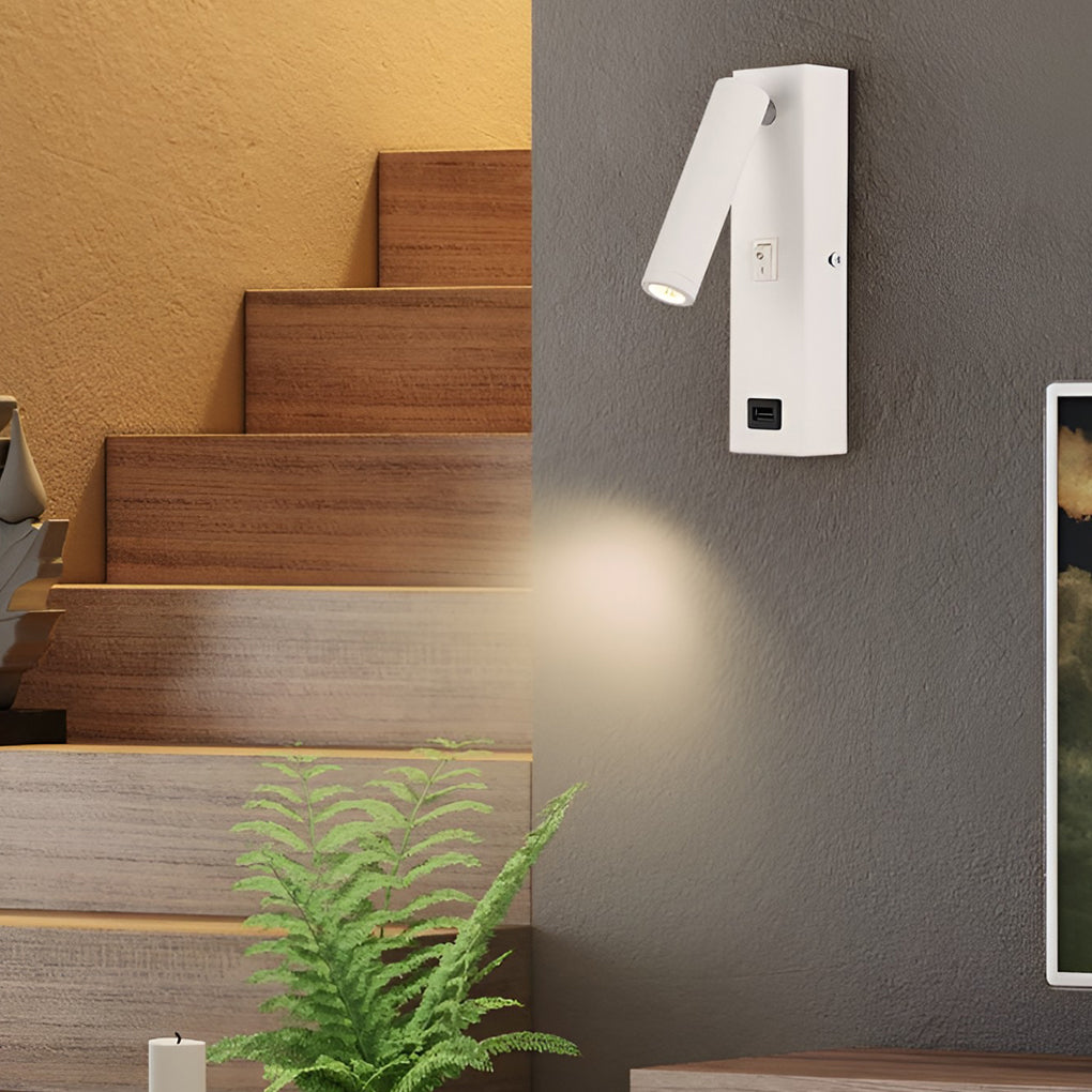 Wall lamp with USB charger enhancing a modern sofa area with warm light.