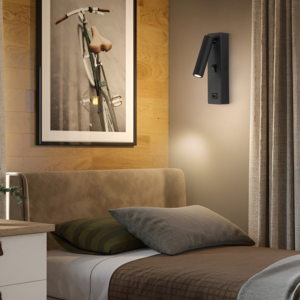 Wall lamp with USB charger providing soft illumination in a stylish bedroom.