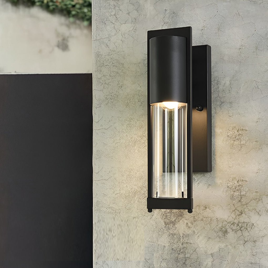 Wall mount outdoor lighting with cylindrical glass shade