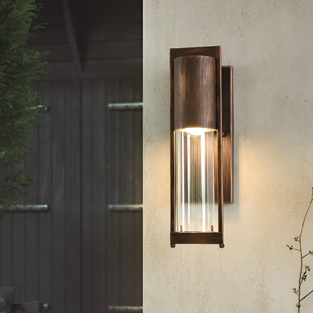 Wall mount outdoor lighting with rustic metal frame and clear glass