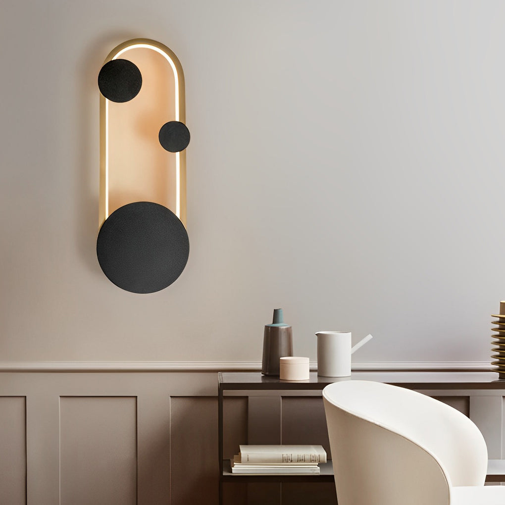 Wall mounted nightstand lights with warm backlighting and rounded shapes, complementing a neutral modern bedroom design.