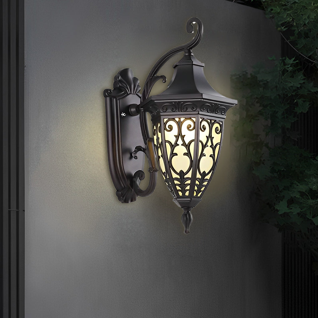 Wall sconce lantern with a detailed view of its solar panel and intricate design.