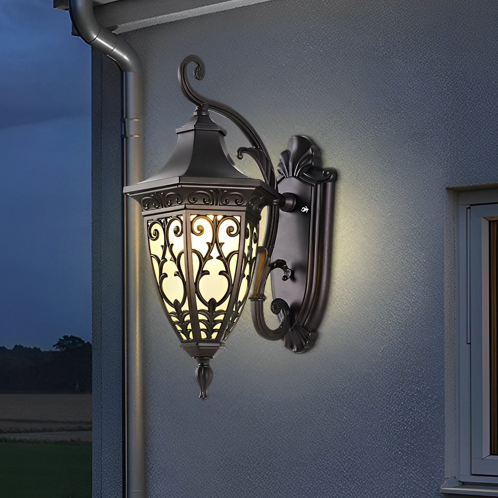 Wall sconce lantern with a vintage design, mounted on a wall beside a window.