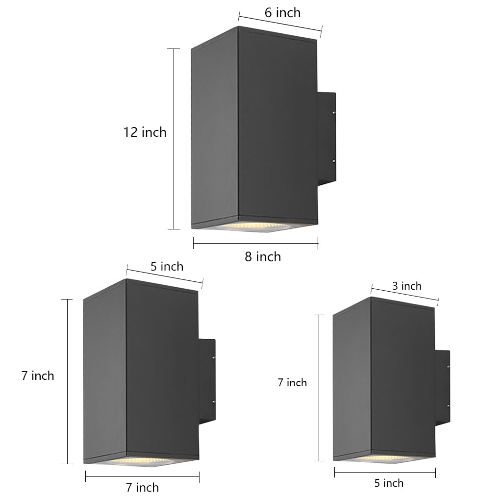 Wall sconce up and down light product comparison image displaying different dimensions and proportions in a modern black up and down wall design.