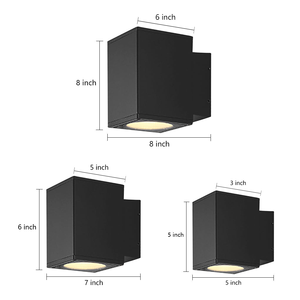 Wall sconce up and down light shown in multiple size options, featuring a black rectangular housing with upward and downward illumination for exterior walls.