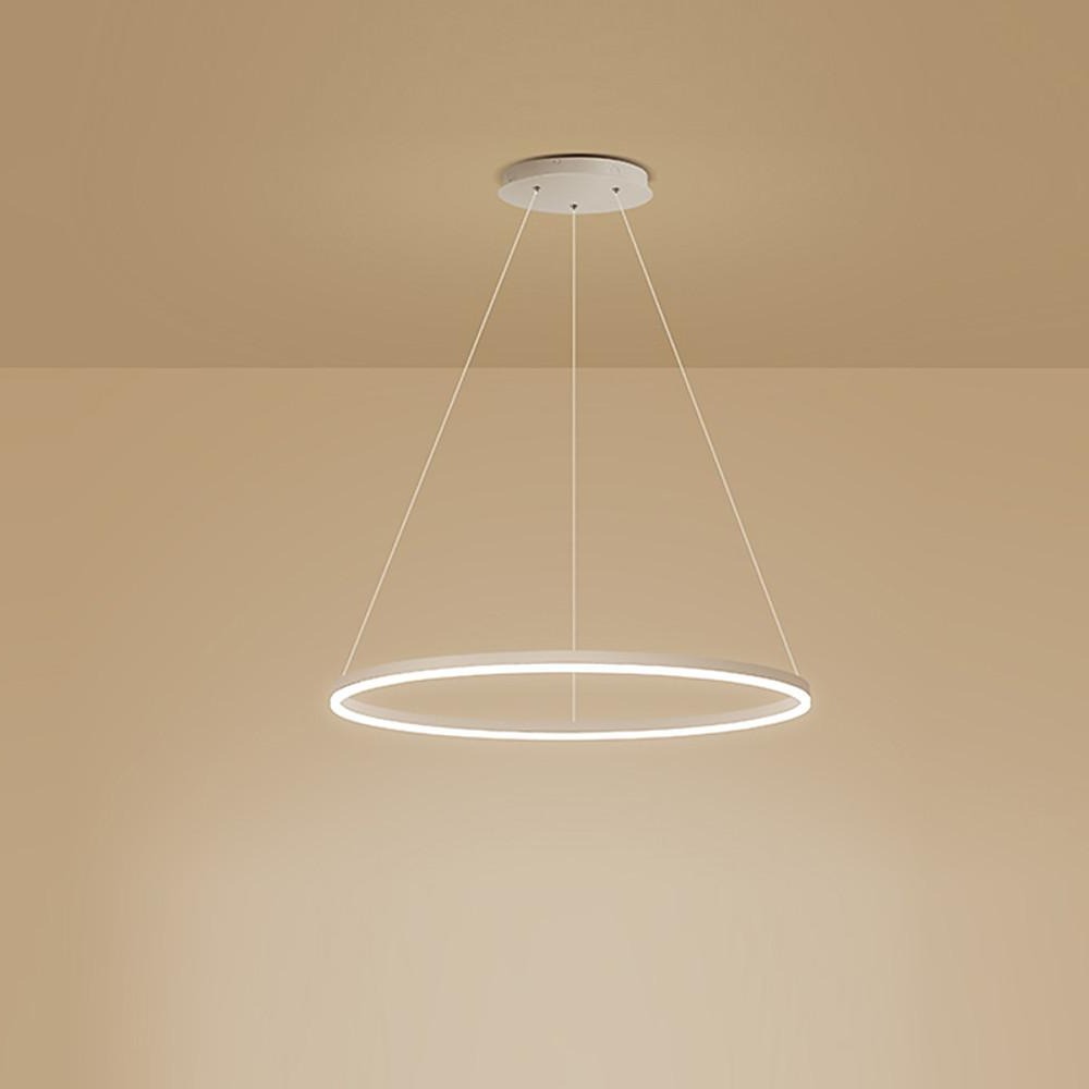 Warm white LED ring chandelier suspended against a soft beige ceiling background.