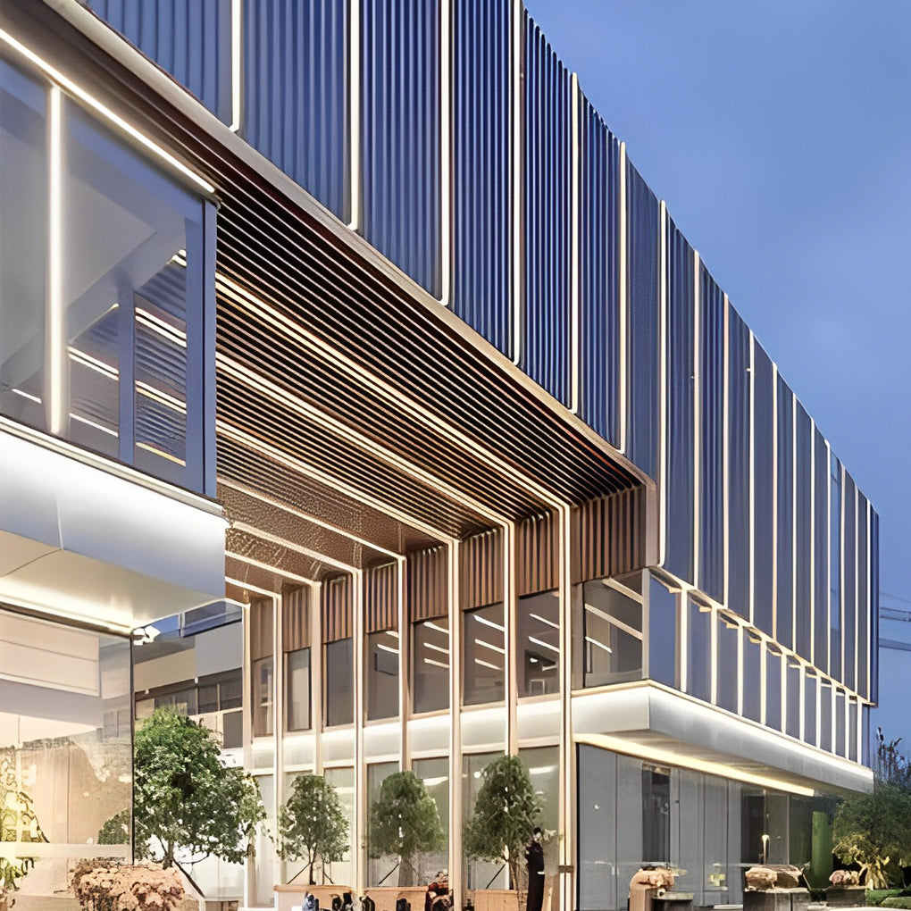 Waterproof LED light strips mounted on a modern building facade, enhancing exterior lines with continuous illumination.