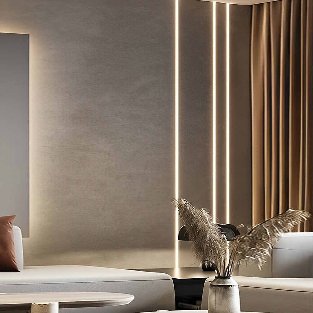 Waterproof LED light strips applied indoors along walls and curtains, creating ambient accent lighting in a modern living room.