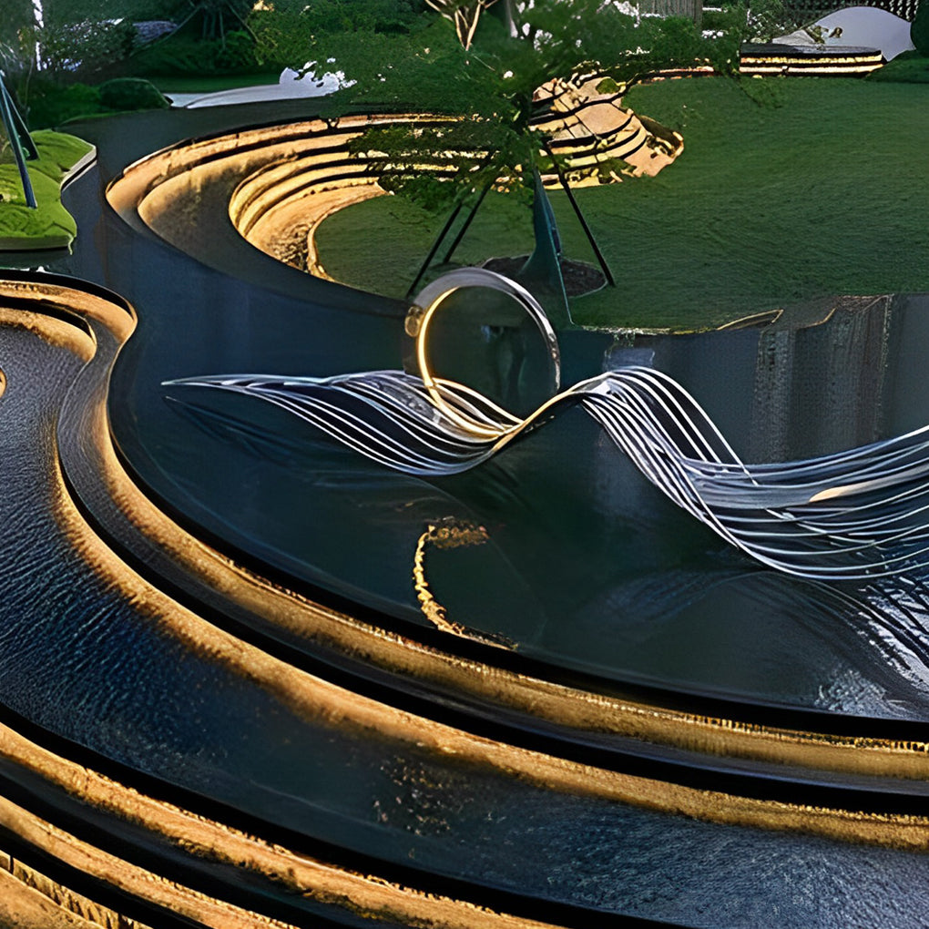 Waterproof LED light strips installed along landscape steps and water features, adding decorative glow to a garden design.