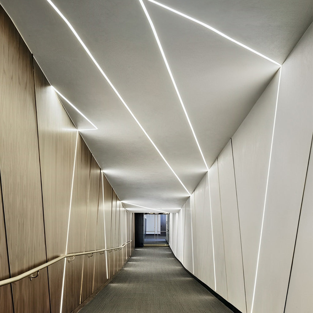 Waterproof LED strip lights installed along a corridor for continuous illumination