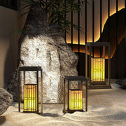 Traditional Asian Outdoor Light with Rectangular Frame and Patterned Lampshade