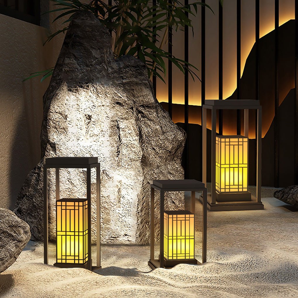 Traditional Asian Outdoor Light with Rectangular Frame and Patterned Lampshade