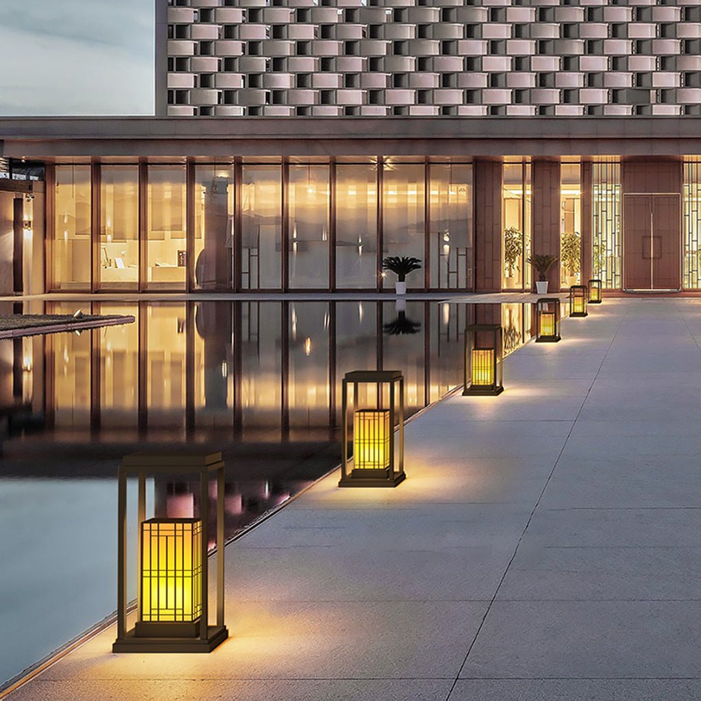 Traditional Asian Outdoor Light with Rectangular Frame and Patterned Lampshade