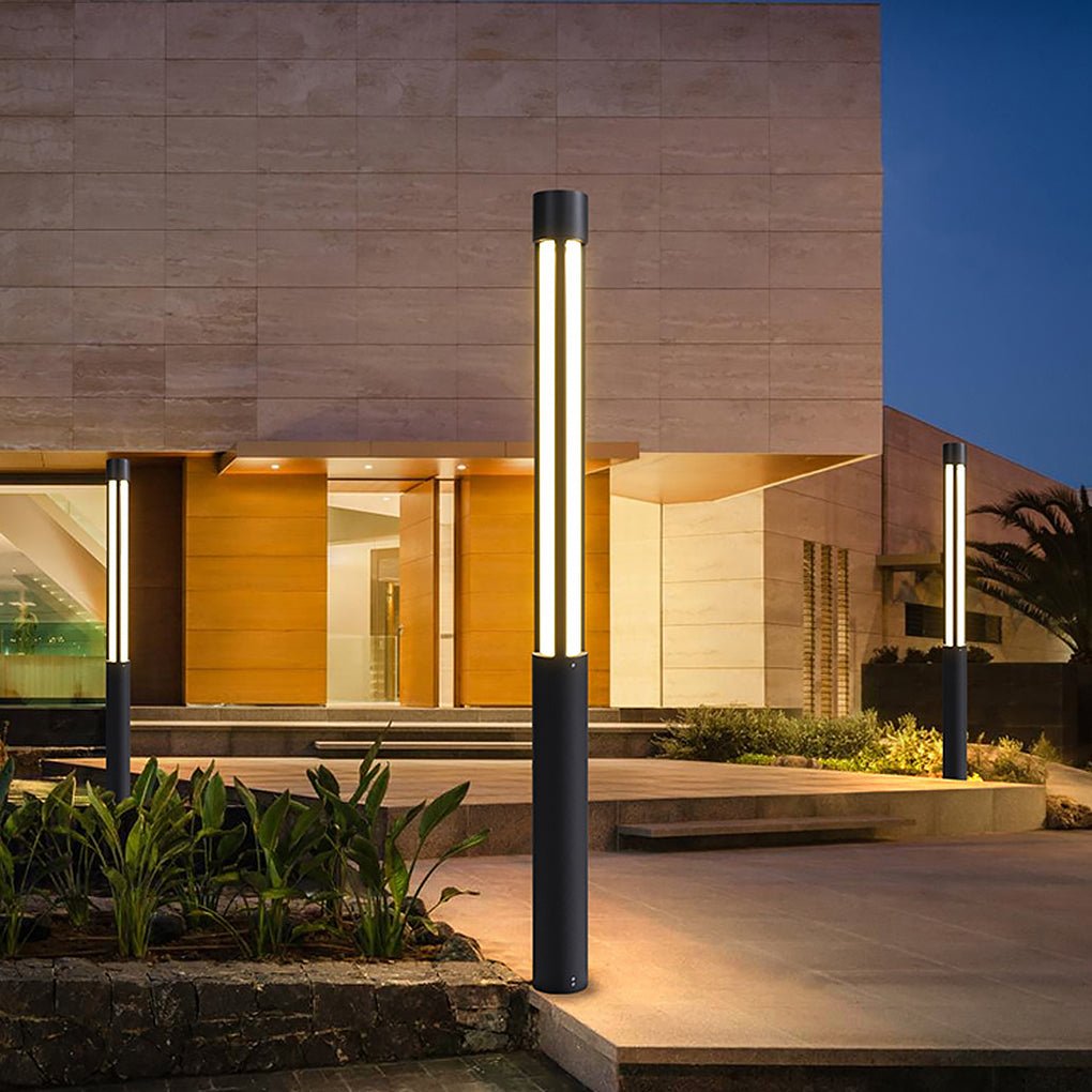 black cylindrical LED bollard lights for patios and paths