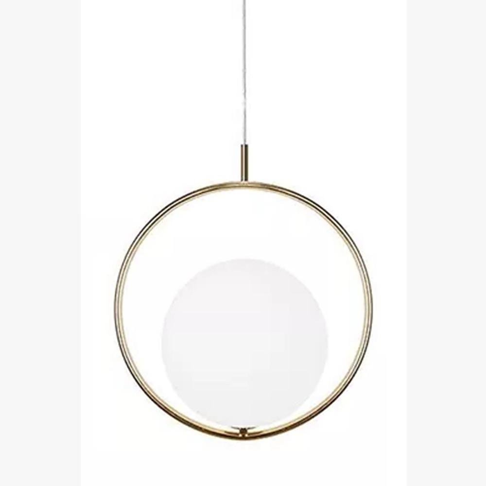 Modern minimalist hanging lamp with a gold circular frame and white cable on white background.
